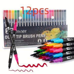 TEMU 12색 전문가용 이중팁 수채화마커 세트 - 미세 & 넓은 브러시펜, 무독성수분해잉크, ·캘리그라피·컬러링북에 적합 (14세+), 어른&청소년을 위한 다목적 예술도구
