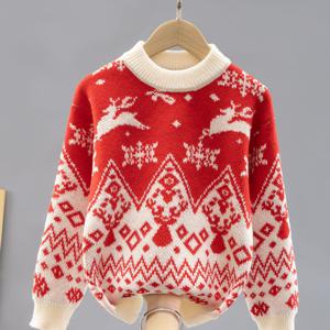 TEMU 크리스마스 여아 스웨터 - 레드 & 눈꽃 & 사슴 패턴, 부드럽고 신축성 있는 니트 라운드넥 풀오버, 겨울 파티, 휴일 외출용, 세탁기 사용 가능, 여아를 위한 축제 선물, 크리스마스 스웨터, 파티 의상, 포근한 의류, 튼튼한 니트