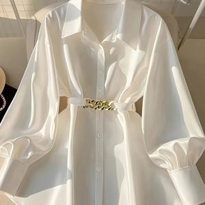 TEMU 여성용 우아한 캐주얼 시크 화이트 셔츠 - 조절 가능한 골든 체인 벨트, 루즈핏 긴팔 블라우스, 러플 커프 & 클래식 칼라, 사계절 착용 가능, 부드러운 소재, 세련된 재단