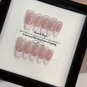 TEMU 10pcs 프랑스 파리 긴 트라페조이드 프레스온 네일 - 누드 그라디언트 프랑스 팁, 광택 마감, 파일 도구 및 젤리 글루 포함, 마법의 페어 스타일 룩을 만드는 데 완벽, 네일 액세서리, 우아한 네일 디자인, 부드러운 네일 마감