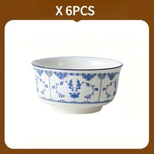 TEMU 4개 세트 5.25인치 세라믹 시리얼 볼 - 청백 꽃무늬 유약 도자기, 전자레인지 및 식기세척기 사용 가능, 전통 중국 패턴, 내구성 있는 다용도 수프 & 파스타 볼, 일상 식사용