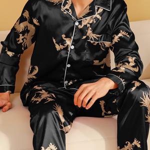 TEMU 남성용 긴팔 팬티 집업 세트, 봄 가을 겨울용 드래곤 패턴 홈웨어|여름잠옷