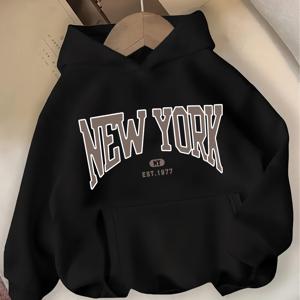 TEMU 남아용 긴팔 후드 스웨트셔츠 - NEW YORK 레터링, 통기성 니트 원단, 레귤러 핏 캐주얼 풀오버 (봄/가을), 캐주얼 웨어 후드티, 봄 가을 의류, 편안한 의류