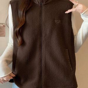 TEMU 여성용 캐주얼 겨울 자켓 - 브라운 스탠드 칼라 베스트형 코트, 지퍼 클로저, 루즈핏 아우터웨어, 레이어링용, 세탁기 사용 가능, 논스트레치 (없음) - 가을용 드레스/스커트 아우터