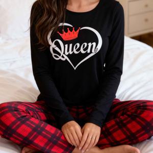 TEMU 여성용 파자마 세트 - 퀸 크라운 하트 프린트 긴팔 상의 & 체크 무늬 바지, 여성용 부드러운 라운지웨어, 사계절 내내 편안함, 캐주얼 스타일, 라운드넥, 긴 기장, 편안한 라운지웨어 | 발랄한 프린트 상의 | 부드러운 원단 바지, 여성용 파자마