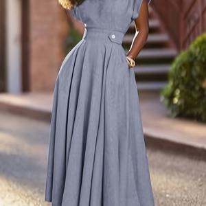 TEMU 1pc 우아한 폴리에스터 키홀 칼라 드레스, 사이드 포켓 포함 - 여성을 위한 단색 핏 A라인 드레스, 올 시즌 다재다능한 짜임 드레스