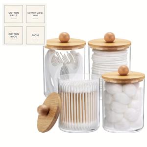 TEMU 10온스 면봉/볼/패드 홀더, Q팁 약국용 항아리, 라벨이 있는 투명 욕실 용기 보관함 디스펜서 4개 세트 크리스마스 오거나이저