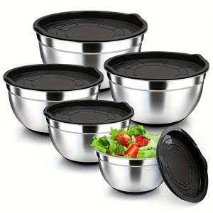 TEMU 5개 스테인리스 스틸 샐러드 볼 세트 뚜껑 포함, 샐러드, 과일, 파스타 및 베이킹을 위한 스택 가능한 믹싱 볼, 야외 안전, 둥근 모양, 신규 주방 요리 도구