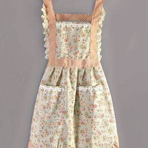 TEMU 프릴이 달린 꽃무늬 폴리에스터 앞치마와 손 닦기 주머니 - 여성용 스타일리시한 주방복, 하얀 원단에 연두색 꽃 디자인, 내구성 있고 통기성이 좋은 요리 및 식사용