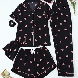 TEMU 사랑의 심장 프린트 반팔 긴 바지 반바지 청소년 파자마 6개 세트