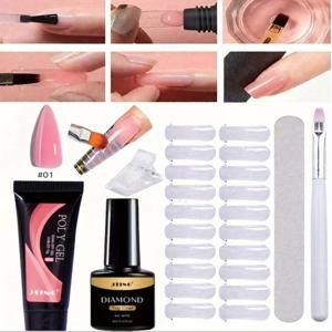 TEMU 폴리 젤 네일 익스텐션 도구 세트, 익스텐션 젤, 실란트, 네일 몰드, 그라인딩 스트립 등 포함, 네일 익스텐션 프로세스 단계별 데모