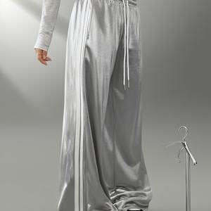 TEMU 트렌디한 쿨 여성용 가을/겨울 아웃도어 데이트 뮤직 페스티벌 실버 메탈 와이드 레그 스웨트팬츠, 카니발 코스튬, 캐주얼 패션,축제 의상,쿨 스타일,트렌디한 바지,신축성 있는 원단,통기성 원단,루즈핏 팬츠,여성용 스웨트팬츠,패션 애호가,젊은 여성