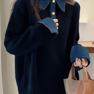 TEMU 플러스 사이즈 - 플러스 사이즈 - 여성용 우아한 한국 스타일 폴로 칼라 스웨터 - 루즈핏 긴소매 버튼 앞면 스웨터, 대비되는 칼라 & 커프스, 부드럽고 신축성 있는 원단, 가을 겨울 캐주얼-시미포멀 웨어, 겨울 의류, 스타일리시 니트