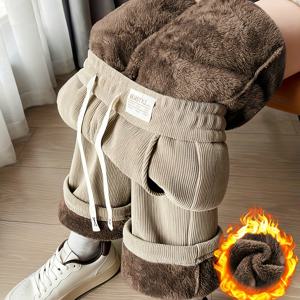 TEMU 여성용 하이웨이스트 와이드 레그 팬츠 - 두꺼운 컴포지트 플리스, 겨울용 바지, 포켓 & 벨트 루프 (지퍼 없음), 캐주얼 & 포멀 웨어용 핸드워시 가능한 긴 바지, 추운 날씨에 딱 맞는 따뜻한 바지