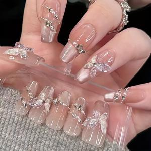 TEMU 10개입 핸드메이드 3D 나비 & 라인스톤 캣아이 네일 랩 - 글로시 프레스온 네일, 누드 핑크/베이지 쉬머, 미디엄 길이 스퀘어 인조 네일, 웨딩 브라이덜 발렌타인데이 매니큐어 (접착제 불필요)