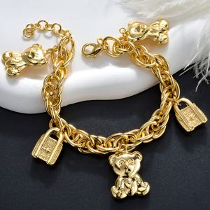 TEMU ZEADEAR 골든톤 베어 & 핸드백 참 팔찌 - 우아하고 귀여운 구리 주얼리, 테디 베어와 자물쇠 펜던트, 일상 착용이나 선물용으로 이상적, 결혼식과 파티를 위한 완벽한 로맨틱 선물, 베어 주얼리