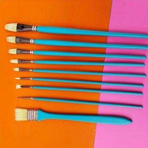 TEMU 9pcs 천연 충칭 브리스터 오일 페인팅 브러시 - 혼합 소재 필버트 스타일 브러시, 에르고노믹 핸들, 아크릴 및 오일 페인팅용, 추상 아트 및 스틸 라이프용 색상, 페인팅 용품, 추상 아트 도구, 세련된 브러시 디자인, 고품질 브러시