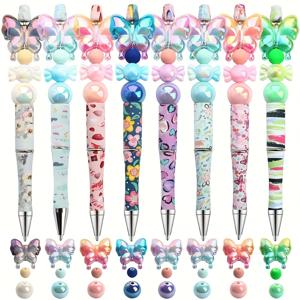 TEMU 40개 나비 비즈 펜 만들기 키트, 아크릴 & 플라스틱 DIY 주얼리 공예 세트, 8개의 볼펜 포함, 학교 용품, 생일 & 파티 선물용, DIY 공예 키트|꽃무늬 펜|광택 아크릴 본체, 펜 만들기용 비즈