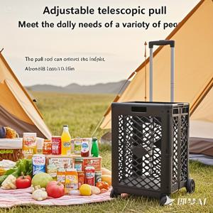 TEMU 55L 접이식 보관 카트, 4개의 바퀴 - 휴대용, 플라스틱 직사각형 함박, 분리 가능한 접이식 보관 정리함, 가정용 쇼핑, 세탁 바구니 접이식 플라스틱 트롤리, 주방 및 식사용, 검정색, 쇼핑 카트