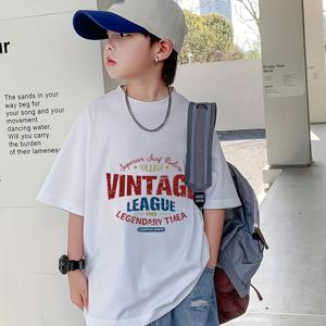 TEMU 2025년 소년용 빈티지 리그 그래픽 루즈핏 반팔 티셔츠 - 기하학 프린트 여름 캐주얼 탑, 통기성 및 세탁기 사용 가능, 청소년용 티셔츠, 매일 착용 가능한 옷, 젊은 스타일, 비침 방지 원단