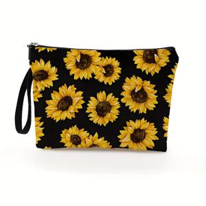 TEMU 1개 화장품 파우치 - 여성 & 남성용, 선명한 노란색 무늬 블랙 폴리에스터 6.7x9.9인치 여행 및 일상용 지퍼 정리함, 그녀를 위한 완벽한 선물, 안전한 지퍼 포켓, 밝은 디자인, 고품질 제작