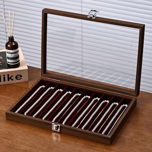 TEMU 1개, 유리 뚜껑이 있는 잠금식 보석함 - 진주목걸이와 체인팔찌를 위한 긴 수납용기, 먼지 방지 디스플레이 정리함, 여성을 위한 우아한 선물, 보석류 전시박스, 자물쇠와열쇠가 포함된 보석상자, 소형 보석상자, 클래식 디자인의 벨벳 안감과 견고한 나무로 제작되었으며, 패션 액세서리에 적합