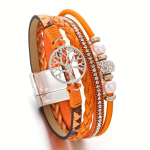 TEMU 1개 오렌지색 땋은 합성 가죽 랩 팔찌, 합금 생명의 나무 참, 비즈 디자인 & 라인스톤 악센트 – 여성용 스타일리시 할로윈 파티 주얼리 & 휴일 선물, 축제 팔찌 | 비즈 팔찌 | 합성 가죽 밴드