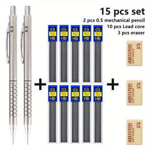 TEMU 0.5/0.7/0.9mm 금속 패턴 스케치 자동 연필 세트, 쓰기 및 그리기 활동용 연필 사무실 학교 문구 용품 | 개학 시즌 | 저렴한 학용품 | 입구 선물(펜 2개 + 연필심 10박스 + 지우개 3개)