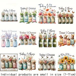 TEMU 12개 혼합 작은 다림질 전사, 믿음 희망 사랑 기쁨 소원 병 디자인, 티셔츠, 모자, 가방용 다색 비닐 열전사 패치 - 꽃과 영감 요소가 있는 DIY 패션 액세서리