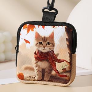 TEMU 시크한 단풍잎 & 새끼 고양이 프린트 동전 지갑 - 키 거치대가 있는 넉넉한 지퍼 지갑, 여성에게 이상적인 선물