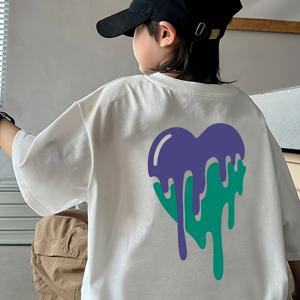 TEMU 2025 청소년 그래픽 프린트 반팔 티셔츠 - 기하학적 하트 디자인의 루즈핏 여름용 티, 통기성 미드 스트레치 원단, 소년 및 소녀용 세탁 가능 (블랙), 귀여운 티셔츠