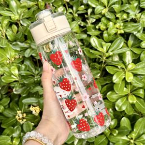 TEMU 1개 14oz 20oz 27oz 귀여운 딸기 프린트 플라스틱 물병, 휴대용 누수 방지 컵, 아이스커피 병, 피크닉, 캠핑, 일상 사용, 사무실, 파티에 적합, 다양한 선물 및 생일 선물, 어버이날 선물로 최고의 선택
