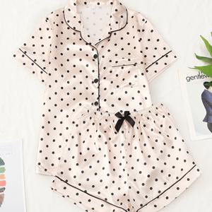 TEMU 청소년용 폴카 도트 프린트 컬러풀한 반팔 반바지 파자마 세트 - 부드러운 핑크색과 검은색 폴카 도트, 프릴 칼라, 드로스트링 허리, 모든 계절에 적합한 캐주얼한 잠옷, 귀여운 파자마