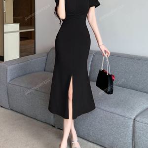 TEMU 여성용 슬림핏 여름 드레스 - 하이 슬릿 미디 길이 바디콘 머메이드 퍼프 소매 & 노치 넥라인, 파티·웨딩·이브닝 이벤트용 블랙 솔리드 컬러, 매끈한 원단 가운