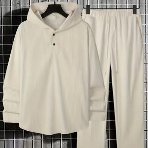 TEMU 지유 OBM 가을 남성용 코듀로이 후드 스웨트셔츠 & 긴바지 세트, 단색 부드럽고 편안한 데일리 운동복