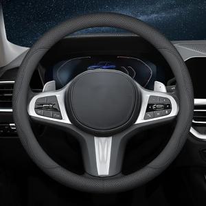 TEMU 울트라 씬 나파 가죽 자동차 스티어링 휠 커버 - 통기성 좋은 15인치 블랙, 인체공학적 디자인과 천공 그립, 대부분의 차량에 적합, 내구성 및 세련된 실내 업그레이드, 차량용 실내 액세서리, 고품질 소재