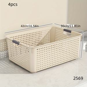 TEMU 크림 보관 바구니 4개 세트 - 손잡이가 있는 내구성 플라스틱 정리함, 주방, 침실, 집 정리 다용도 - 이상적인 크리스마스 선물 장식, 주방 수납 솔루션 | 현대적 스타일 | 튼튼한 손잡이, 선반 바구니, 플라스틱 수납 상자, 정리 바구니, 주방 수납 바구니, 재활용 바구니, 화이트 벽 , 수납 바구니, 수납 상자, 정리 및 수납|쓰레기통