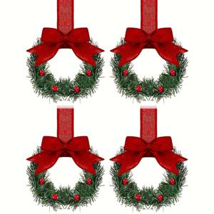 TEMU 4개 크리스마스 화환 캐비닛 창문 장식 (빨간 리본 및 과일 포함), 파티 홈 , 홈 데코, 축제 장식품, 시즌 화환에 적합