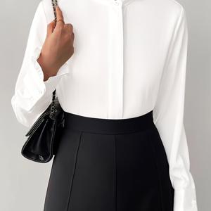 TEMU 여성용 우아한 화이트 캐주얼 롱 슬리브 셔츠 - 만다린 칼라 반투명 블라우스, 기계 세탁 가능 솔리드 컬러 탑, 사계절 내내 활용 가능한 소피스티케이티드 룩, 미묘한 질감 디테일
