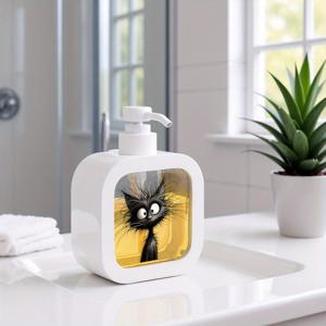 TEMU 1개 리필 가능한 만화 고양이 디자인 액체 비누 디스펜서 - 귀여운 흑백 고양이 얼굴이 있는 화이트 플라스틱 펌프 병, 욕실, 주방, 여행에 이상적 - 손 소독제 및 세제 포장, 욕실 장식 및 액세서리