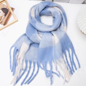 TEMU 여성용 부드럽고 따뜻한 블루 & 화이트 체크 스카프 - 양면 태슬 트림, /베이지/파우더 블루/그레이 겨울 숄, 캐주얼 아웃핏, 오피스 & 주말 착용에 적합한 다용도 논엘라스틱 칼라 - 손세탁 가능한 폴리에스터 느낌