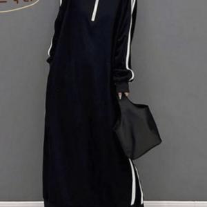 TEMU 오스틱니 [150kg까지 날씬해보이는] 원피스 여성 가을 반집업 칼라 제인드 맨투맨 오버핏 이너 긴팔 캐주얼 패션 데일리 클래식배색 빅사이즈 오버사이즈 롱 원피스