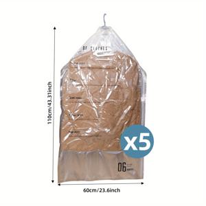 TEMU 5-팩 투명 진공 보관 백 - 옷, 정장, 재킷용 - 넓은 후크, 독립형 시스템, 독립형, <3.2 Cu Ft 용량, ≥27