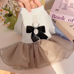 TEMU 작은 개와 고양이용 우아한 애완동물 드레스 - 흰색 니트 상의, 검은색 리본, 투일 스커트, 봄과 여름에 완벽, 결혼식과 공식 행사에 이상적, 애완동물 정장 | 우아한 애완동물 의상 | 니트 구조