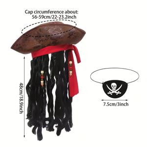 TEMU 해적 선장 의상 액세서리 세트 2-3개; 독특한 빨간 터번 곱슬 해적 모자, 두건 눈패치 및 수염 포함; 할로윈, 크리스마스, 가면무도회 파티 등 역할극용으로 매우 적합