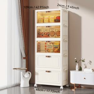 TEMU 4단 이동식 캐비닛, 대용량 멀티펑셔널 정리함 – 침실, 거실, 사무실용 화이트 플라스틱 접이형 박스 (투명 도어 포함), 문서 및 잡동사니 보관에 완벽한 다목적 수납장, 현대적인 디자인|폴딩박스