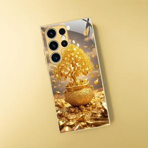 TEMU 삼성 갤럭시 S20/S21/S22/S23/S24/S25 울트라 플러스 FE용 고급 경량 패셔너블 번영 나무 골드 메탈 페인트 강화 유리 폰 케이스, 렌즈 보호 기능 포함, 충격 방지 전체 커버 강화 유리 보호 쉘, 견고하고 아름다운 모바일 액세서리