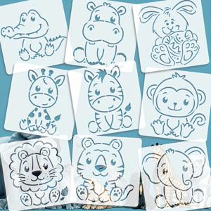 TEMU 9피스 동물 스텐실 세트 (6x6인치/15.24x15.24cm) - 악어, 하마, 토끼, 얼룩말, 사자, 원숭이, 코끼리, 표범 - 어린이 & 성인용 재사용 가능한 드로잉 템플릿, DIY 공예, 페인팅, 벽 장식, 캔버스, 티셔츠, 홈 데코, 학교 프로젝트, 파티 용품, 생일 선물