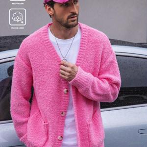 TEMU 남성용 캐주얼 가디건 - 밝은 핑크 오픈 프론트 스웨터, 버튼 포켓 디자인, 루즈핏 드롭 숄더 디자인, 가벼운 일상 및 정장용 - 남편/남자친구를 위한 이상적인 선물 (가을/겨울) - 쉬운 관리 의류, 스웨터 가디건, 가을 레이어링 피스, 라운드넥 탑, 원단, 겨울 워드로브, 도시 패션, 부드러운 소재, 스타일리시 아우터웨어, 패션 애호가를 위한