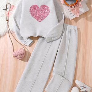 TEMU 가을과 겨울용 따뜻한 투피스 세트, 9-12세 여아용, 후드가 있는 플리스 하트 프린트 후드티와 루즈 레그 팬츠, 야외 활동에 적합